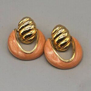 3/$30  Vintage Door Knocker Earrings Gold Orange Enamel Pierced Retro Chunky 1"